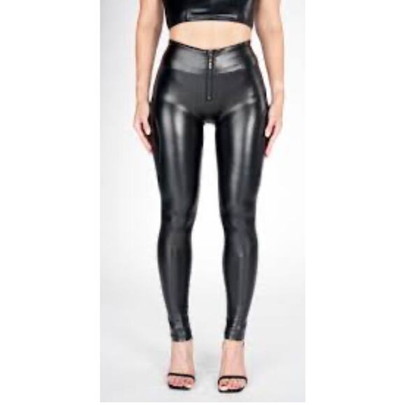 Pairadize Assthetic Vegan Leather Pants M Classic Black High Waist Skinny Shiny - Picture 2 of 10